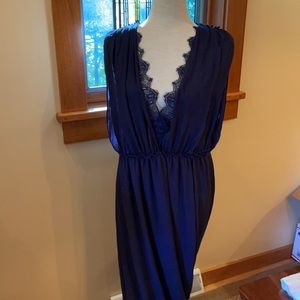 Navy Sheer Lace Formal Maxi Dress Deep Plunge Coquette Wedding Party Size 16